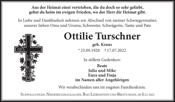 Traueranzeige von Ottilie Turschner von Südthüringer Presse