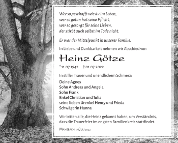 Traueranzeige von Heinz Götze von Südthüringer Presse