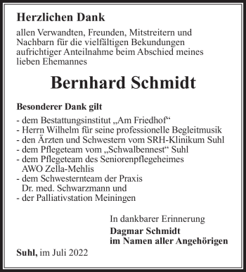 Traueranzeige von Bernhard Schmidt von Südthüringer Presse