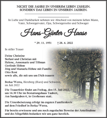 Traueranzeige von Hans-Günther Haase von Südthüringer Presse