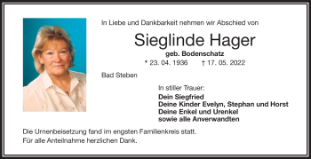 Traueranzeige von Sieglinde Hager von Frankenpost