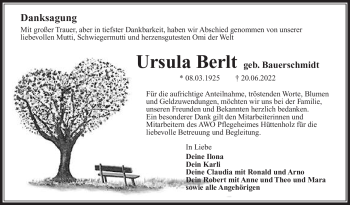 Traueranzeige von Ursula Berlt von Südthüringer Presse