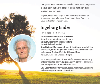 Traueranzeige von Ingeborg Ender von Südthüringer Presse