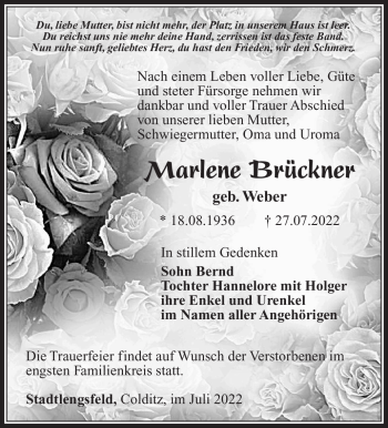 Traueranzeige von Marlene Brückner von Südthüringer Presse