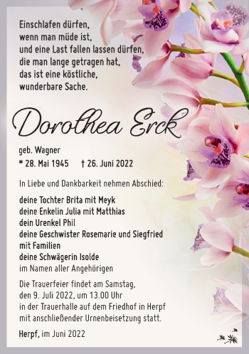 Traueranzeige von Dorothea Erck von Südthüringer Presse
