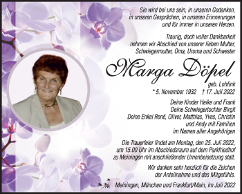 Traueranzeige von Marga Döpel von Südthüringer Presse