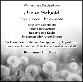 Traueranzeige von Irene Schmid von Südthüringer Presse