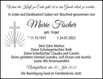 Traueranzeige von Marie Fischer von Neue Presse Coburg