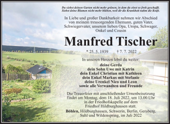 Traueranzeige von Manfred Tischer von Südthüringer Presse