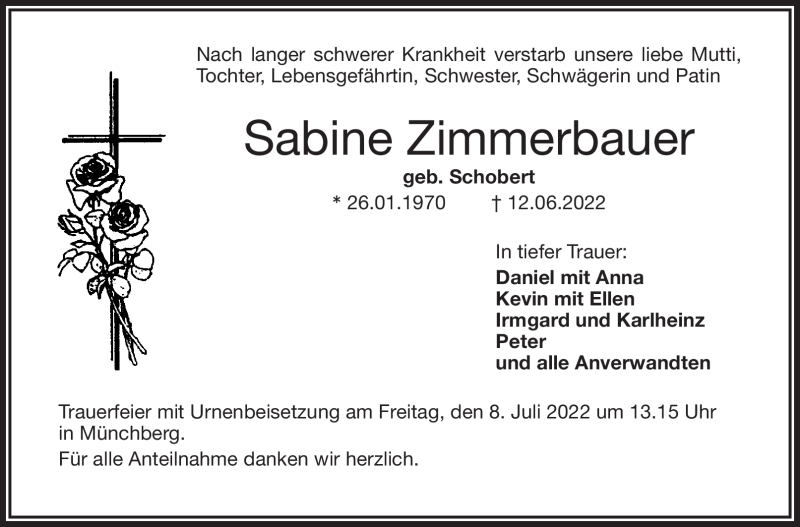  Traueranzeige für Sabine Zimmerbauer vom 06.07.2022 aus Frankenpost