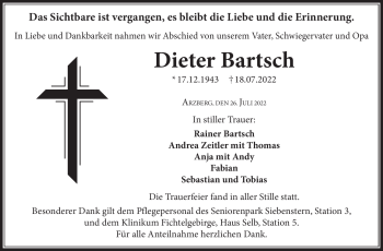 Traueranzeige von Dieter Bartsch von Frankenpost