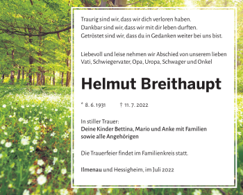 Traueranzeige von Helmut Breithaupt von Südthüringer Presse