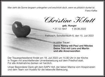 Traueranzeige von Christine Klatt von Frankenpost