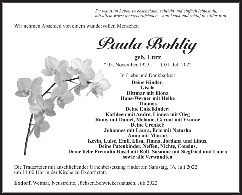 Traueranzeige für Paula Bohlig vom 14.07.2022 aus Südthüringer Presse