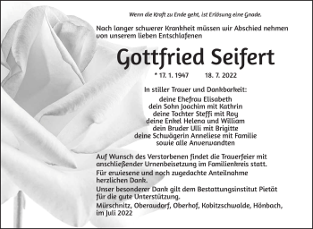 Traueranzeige von Gottfried Seifert von Südthüringer Presse