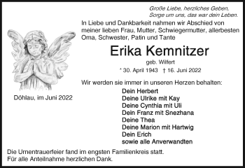 Traueranzeige von Erika Kemnitzer von Frankenpost