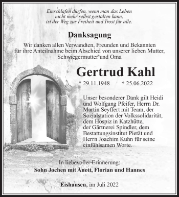 Traueranzeige von Gertrud Kahl von Südthüringer Presse