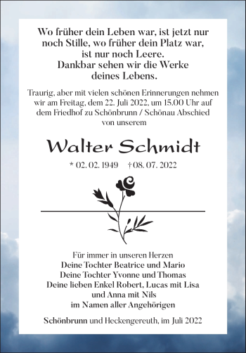 Traueranzeige von Walter Schmidt von Südthüringer Presse