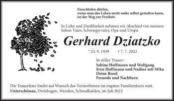 Traueranzeige von Gerhard Dziatzko von Südthüringer Presse