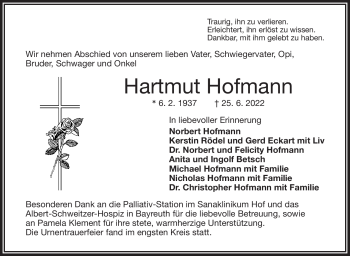 Traueranzeige von Hartmut Hofmann von Frankenpost