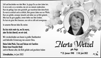 Traueranzeige von Herta Wetzel von Südthüringer Presse