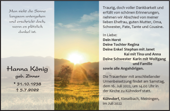 Traueranzeige von Hanna König von Südthüringer Presse