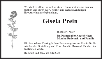 Traueranzeige von GiselaGisela PreinPrein von Südthüringer Presse