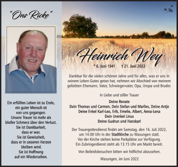 Traueranzeige von Heinrich Wey von Südthüringer Presse