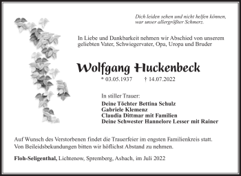 Traueranzeige von Wolfgang Huckenbeck von Südthüringer Presse