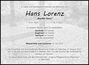 Traueranzeige von Hans Lorenz von Neue Presse Coburg