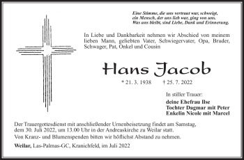 Traueranzeige von Hans Jacob von Südthüringer Presse