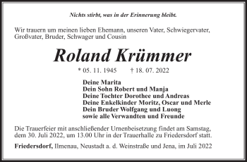 Traueranzeige von Roland Krümmer von Südthüringer Presse