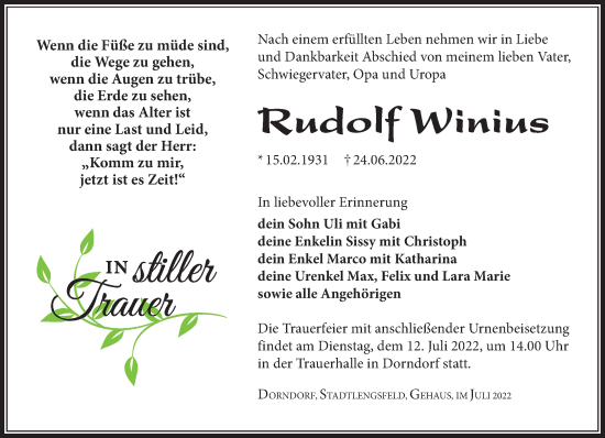 Traueranzeige von Rudolf Winius von Südthüringer Presse