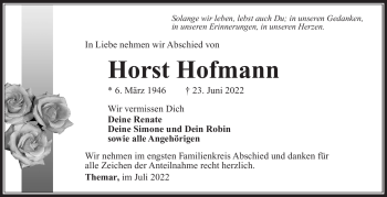 Traueranzeige von Horst Hofmann von Südthüringer Presse