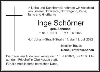 Traueranzeige von Elsa Schörner von Frankenpost