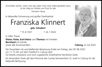 Traueranzeige von Franziska Klinnert von Neue Presse Coburg