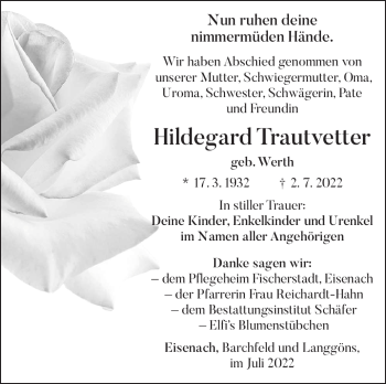Traueranzeige von Hildegard Trautvetter von Südthüringer Presse