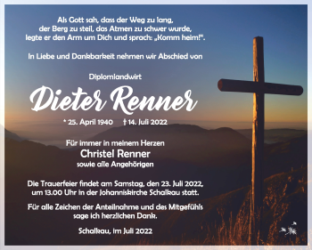 Traueranzeige von Dieter Renner von Südthüringer Presse