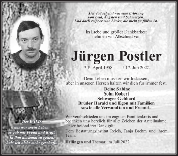 Traueranzeige von Jürgen Postler von Südthüringer Presse