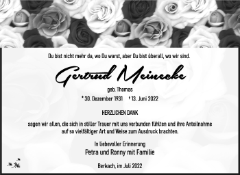 Traueranzeige von Gertrud Meinecke von Südthüringer Presse