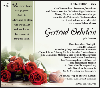 Traueranzeige von Gertrud Oehrlein von Südthüringer Presse