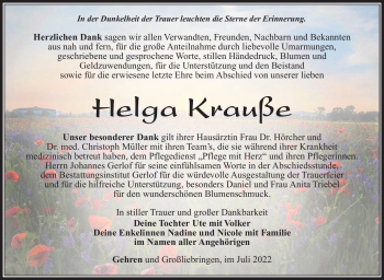 Traueranzeige von Helga Krauße von Südthüringer Presse