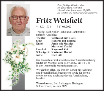 Traueranzeige von Fritz Weisheit von Südthüringer Presse