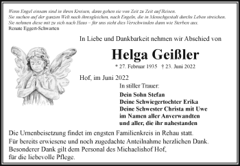 Traueranzeige von Helga Geißler von Frankenpost