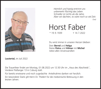 Traueranzeige von Horst Faber von Neue Presse Coburg