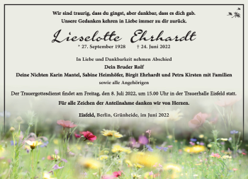 Traueranzeige von Lieselotte Ehrhardt von Südthüringer Presse