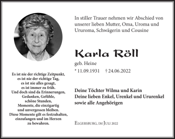Traueranzeige von Karla Röll von Südthüringer Presse