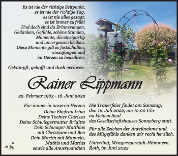 Traueranzeige von Rainer Lippmann von Südthüringer Presse