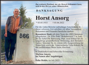 Traueranzeige von Horst Ansorg von Südthüringer Presse
