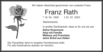 Traueranzeige von Franz Rath von Frankenpost